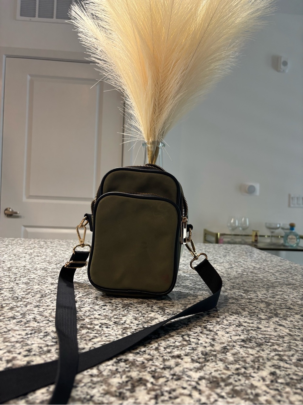 Olive Green Crossbody Mini Bag with Black Strap